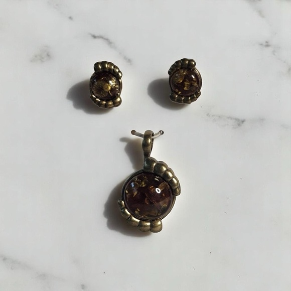 Vintage Paulus Amber Filigree Earrings‎ & Pendant Jewelry Set Gold Brown NWT - Picture 3 of 3